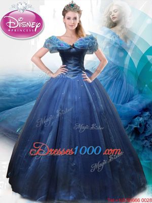 Dynamic Cinderella Off The Shoulder Sleeveless Sweet 16 Quinceanera Dress Floor Length Beading and Bowknot Navy Blue Tulle