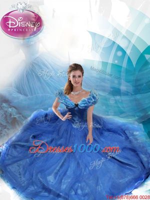 Dynamic Cinderella Off The Shoulder Sleeveless Sweet 16 Quinceanera Dress Floor Length Beading and Bowknot Navy Blue Tulle