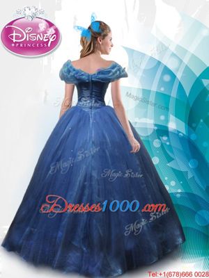 Dynamic Cinderella Off The Shoulder Sleeveless Sweet 16 Quinceanera Dress Floor Length Beading and Bowknot Navy Blue Tulle