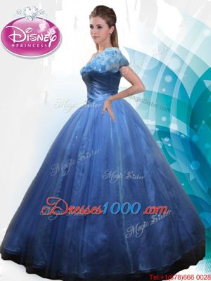 Dynamic Cinderella Off The Shoulder Sleeveless Sweet 16 Quinceanera Dress Floor Length Beading and Bowknot Navy Blue Tulle