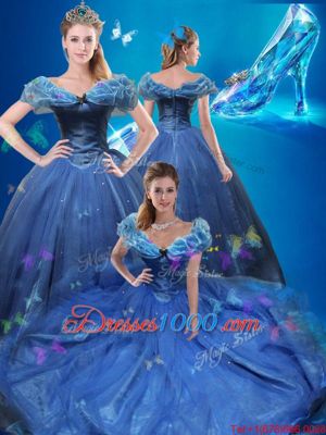 Dynamic Cinderella Off The Shoulder Sleeveless Sweet 16 Quinceanera Dress Floor Length Beading and Bowknot Navy Blue Tulle