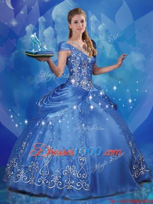Custom Fit Cinderella Off the Shoulder Floor Length Lace Up Ball Gown Prom Dress Blue and In for Sweet 16 and Quinceanera with Beading and Embroidery