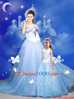 New Style Light Blue A-line Tulle Off The Shoulder Sleeveless Beading and Bowknot and Hand Made Flower With Train Zipper Quinceanera Dress Court Train
