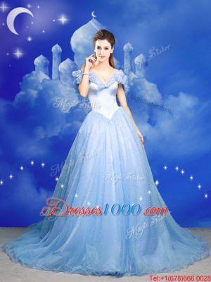 New Style Light Blue A-line Tulle Off The Shoulder Sleeveless Beading and Bowknot and Hand Made Flower With Train Zipper Quinceanera Dress Court Train