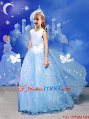 New Style Light Blue A-line Tulle Off The Shoulder Sleeveless Beading and Bowknot and Hand Made Flower With Train Zipper Quinceanera Dress Court Train