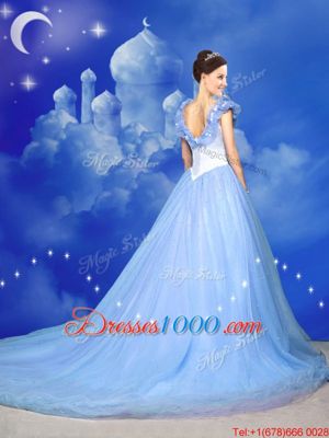 New Style Light Blue A-line Tulle Off The Shoulder Sleeveless Beading and Bowknot and Hand Made Flower With Train Zipper Quinceanera Dress Court Train