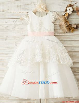 Vintage White Flower Girl Dresses Party and Wedding Party and For with Lace and Bowknot Scoop Cap Sleeves Zipper