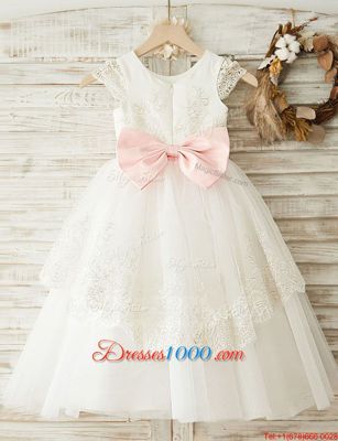 Vintage White Flower Girl Dresses Party and Wedding Party and For with Lace and Bowknot Scoop Cap Sleeves Zipper