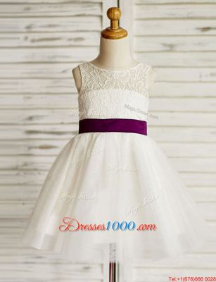 Simple Scoop White Tulle Zipper Flower Girl Dresses Sleeveless Mini Length Lace and Bowknot