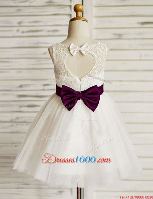 Simple Scoop White Tulle Zipper Flower Girl Dresses Sleeveless Mini Length Lace and Bowknot