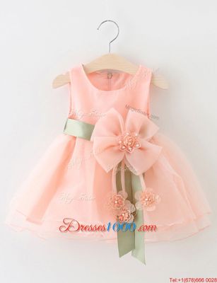 Yellow Green Scoop Zipper Beading and Bowknot Party Dress for Girls Sleeveless