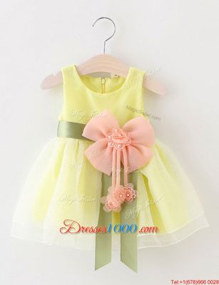 Yellow Green Scoop Zipper Beading and Bowknot Party Dress for Girls Sleeveless