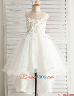 Extravagant Scoop High Low White Toddler Flower Girl Dress Tulle Cap Sleeves Appliques