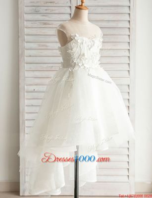 Extravagant Scoop High Low White Toddler Flower Girl Dress Tulle Cap Sleeves Appliques