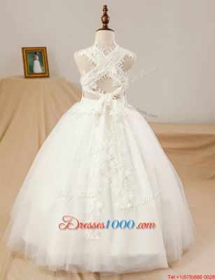 White Sleeveless Floor Length Lace and Appliques Criss Cross Flower Girl Dresses