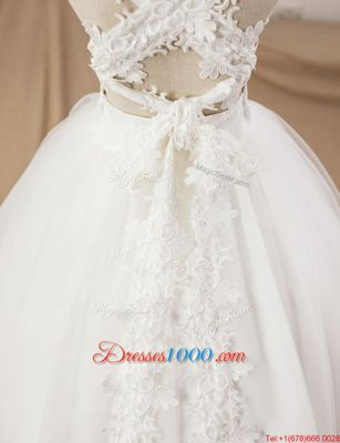 White Sleeveless Floor Length Lace and Appliques Criss Cross Flower Girl Dresses