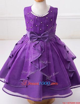 Adorable Scoop Purple Organza Zipper Flower Girl Dresses Sleeveless Floor Length Beading and Ruffles and Bowknot