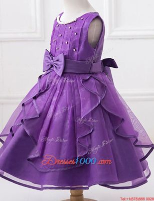 Adorable Scoop Purple Organza Zipper Flower Girl Dresses Sleeveless Floor Length Beading and Ruffles and Bowknot