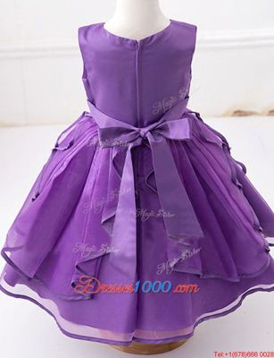 Adorable Scoop Purple Organza Zipper Flower Girl Dresses Sleeveless Floor Length Beading and Ruffles and Bowknot