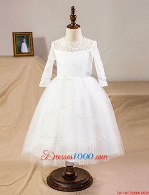 Pretty White Clasp Handle Scoop Lace Flower Girl Dresses Tulle Half Sleeves