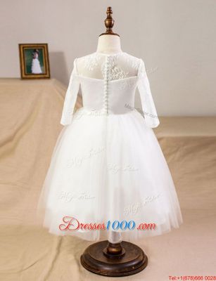 Pretty White Clasp Handle Scoop Lace Flower Girl Dresses Tulle Half Sleeves