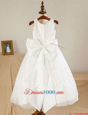 Scoop Sleeveless Zipper Floor Length Lace and Bowknot Flower Girl Dress