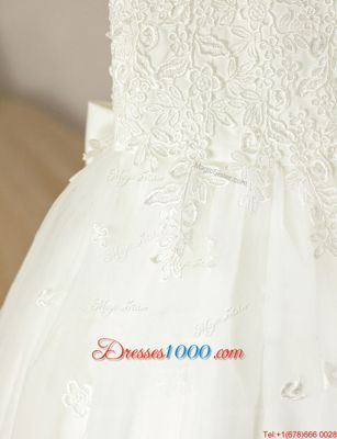 Scoop Sleeveless Zipper Floor Length Lace and Bowknot Flower Girl Dress