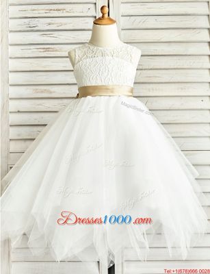 Scoop Sleeveless Tulle Flower Girl Dress Lace and Ruffled Layers and Sashes|ribbons Zipper