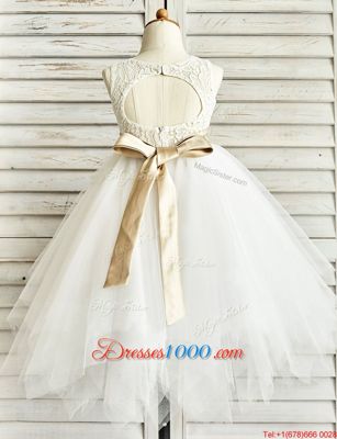 Scoop Sleeveless Tulle Flower Girl Dress Lace and Ruffled Layers and Sashes|ribbons Zipper