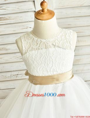 Scoop Sleeveless Tulle Flower Girl Dress Lace and Ruffled Layers and Sashes|ribbons Zipper