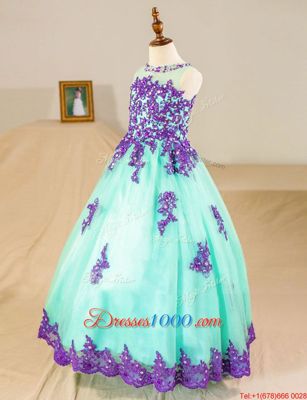 Romantic Turquoise Toddler Flower Girl Dress Party and Wedding Party and For with Beading and Lace Scoop Sleeveless Zipper