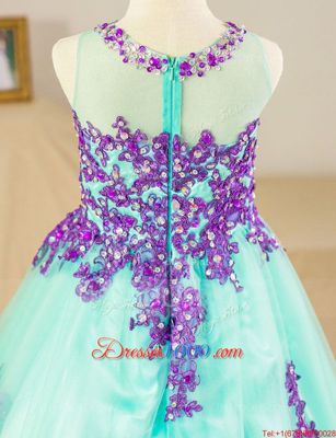 Romantic Turquoise Toddler Flower Girl Dress Party and Wedding Party and For with Beading and Lace Scoop Sleeveless Zipper