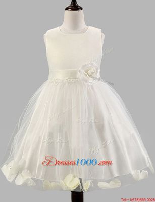 Fitting Scoop White Tulle Zipper Flower Girl Dress Sleeveless Floor Length Appliques and Bowknot and Hand Made Flower