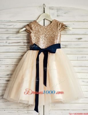 Most Popular Tulle Scoop Sleeveless Zipper Sashes|ribbons and Sequins Flower Girl Dress in Champagne