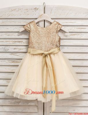 Most Popular Tulle Scoop Sleeveless Zipper Sashes|ribbons and Sequins Flower Girl Dress in Champagne