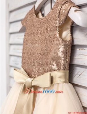 Most Popular Tulle Scoop Sleeveless Zipper Sashes|ribbons and Sequins Flower Girl Dress in Champagne