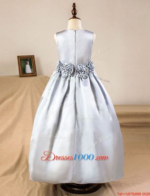 Silver A-line Hand Made Flower Flower Girl Dresses Zipper Satin Sleeveless Floor Length