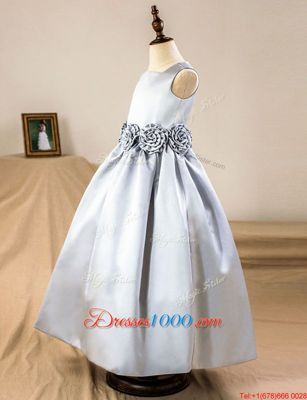 Silver A-line Hand Made Flower Flower Girl Dresses Zipper Satin Sleeveless Floor Length