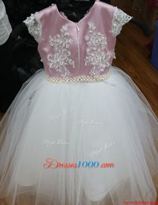 White and Lilac Zipper Scoop Beading Kids Pageant Dress Tulle Cap Sleeves