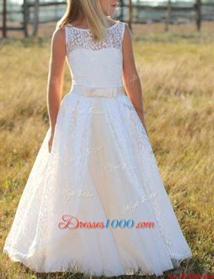 Lace Floor Length Empire Sleeveless White Flower Girl Dress Zipper