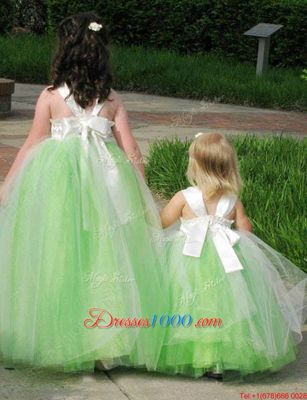 Fantastic Square Sleeveless Flower Girl Dresses Floor Length Bowknot Apple Green Tulle