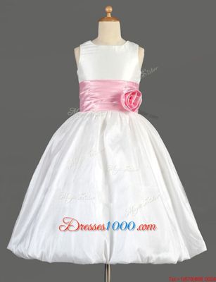 Sophisticated Scoop Sleeveless Taffeta Floor Length Zipper Flower Girl Dress in White for with Bowknot and Hand Made Flower