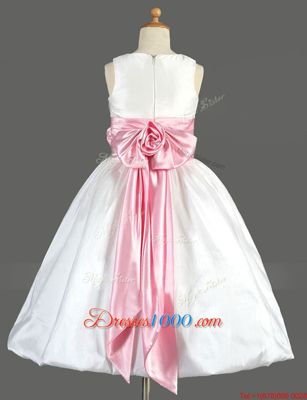 Sophisticated Scoop Sleeveless Taffeta Floor Length Zipper Flower Girl Dress in White for with Bowknot and Hand Made Flower