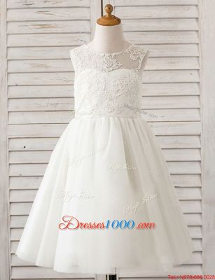 Free and Easy Scoop Sleeveless Floor Length Lace Clasp Handle Flower Girl Dress with White
