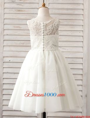 Free and Easy Scoop Sleeveless Floor Length Lace Clasp Handle Flower Girl Dress with White