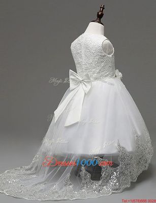 Ideal Scoop With Train A-line Sleeveless White Flower Girl Dresses for Less Brush Train Zipper