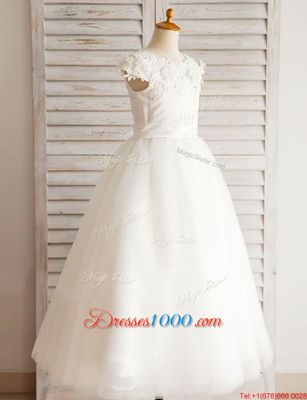 White Zipper Scoop Beading and Appliques Flower Girl Dresses Tulle Cap Sleeves