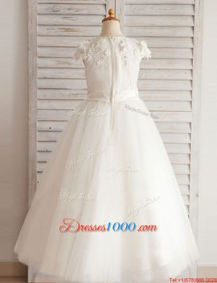 White Zipper Scoop Beading and Appliques Flower Girl Dresses Tulle Cap Sleeves