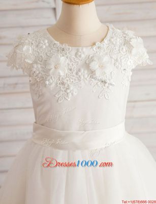 White Zipper Scoop Beading and Appliques Flower Girl Dresses Tulle Cap Sleeves