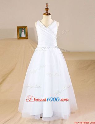 Superior White V-neck Zipper Beading Flower Girl Dress Sleeveless